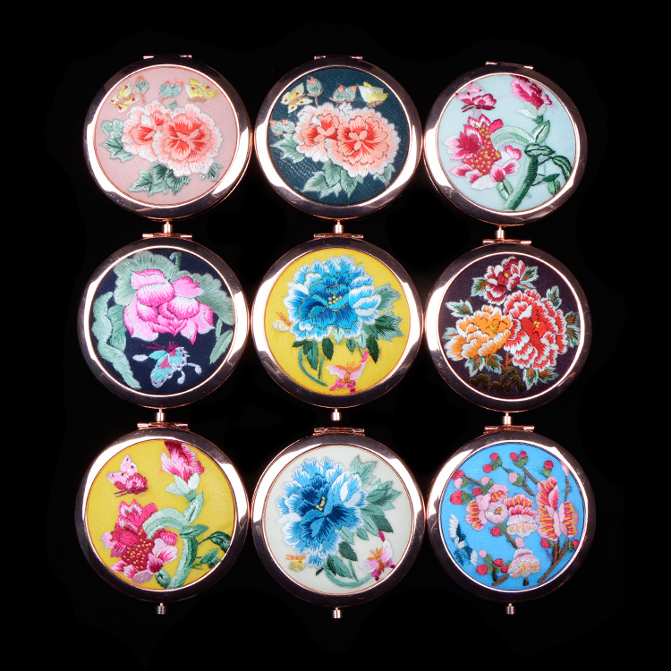 麻栗坡化妆随身镜精品出国送礼刺绣中国风古风摄影 手绣镜子